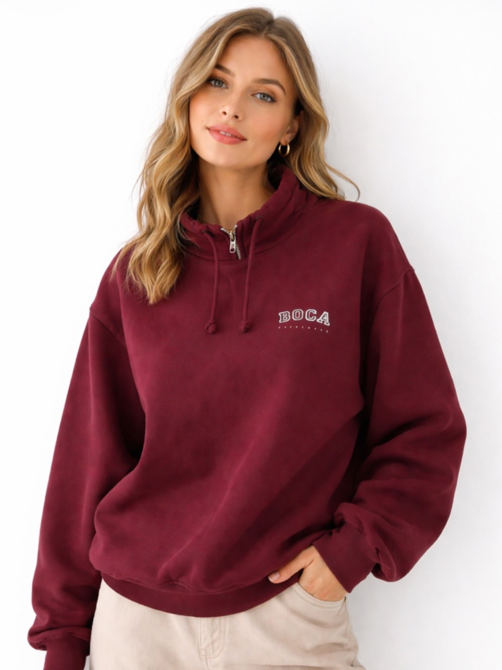 (1990’s) BOCA Authentic Heavyweight Cotton Half-Zip Burgundy Pullover - PTP 27